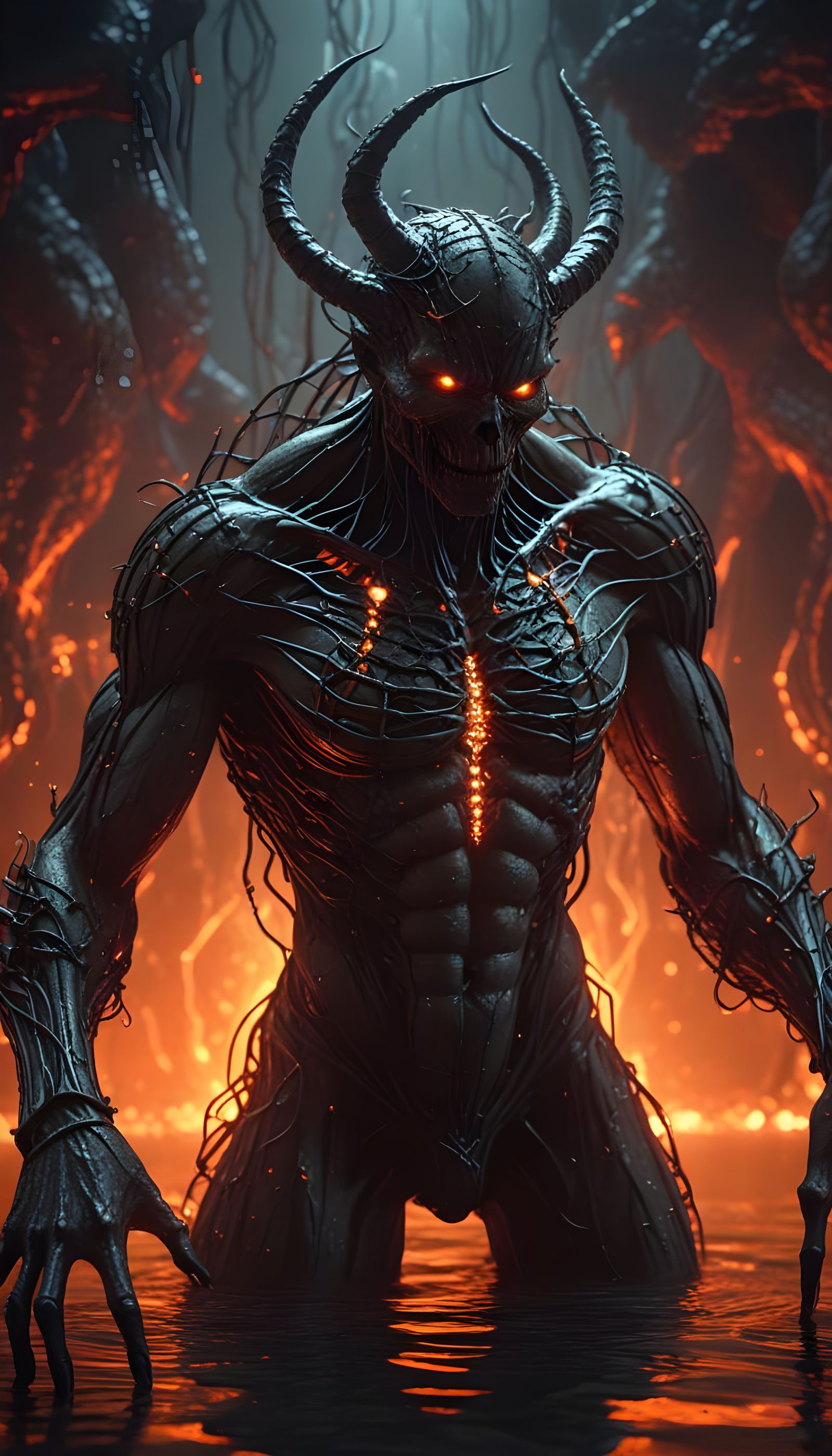 Grotesque Demon Rising from Lava, Digital Art