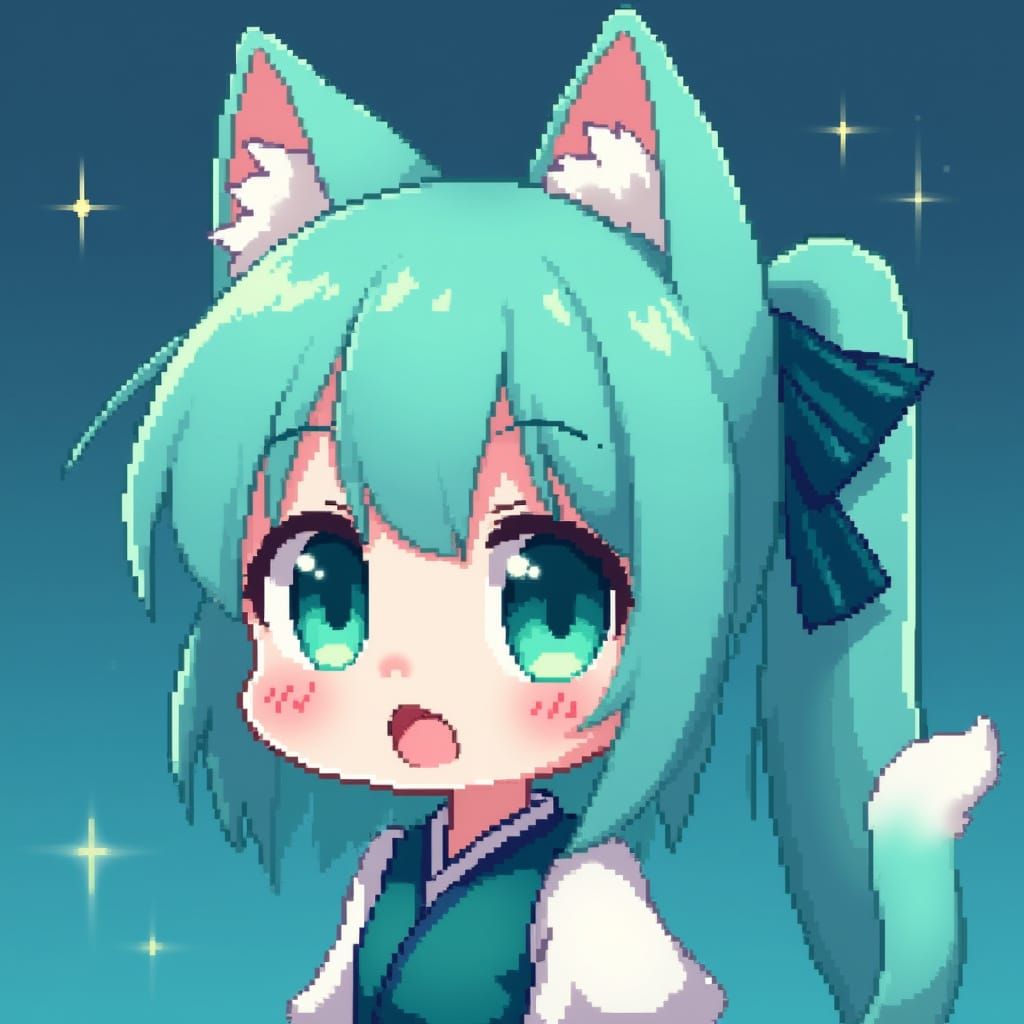 Pixel Art Chibi Catgirl Portrait with Teal Hair and Eyes