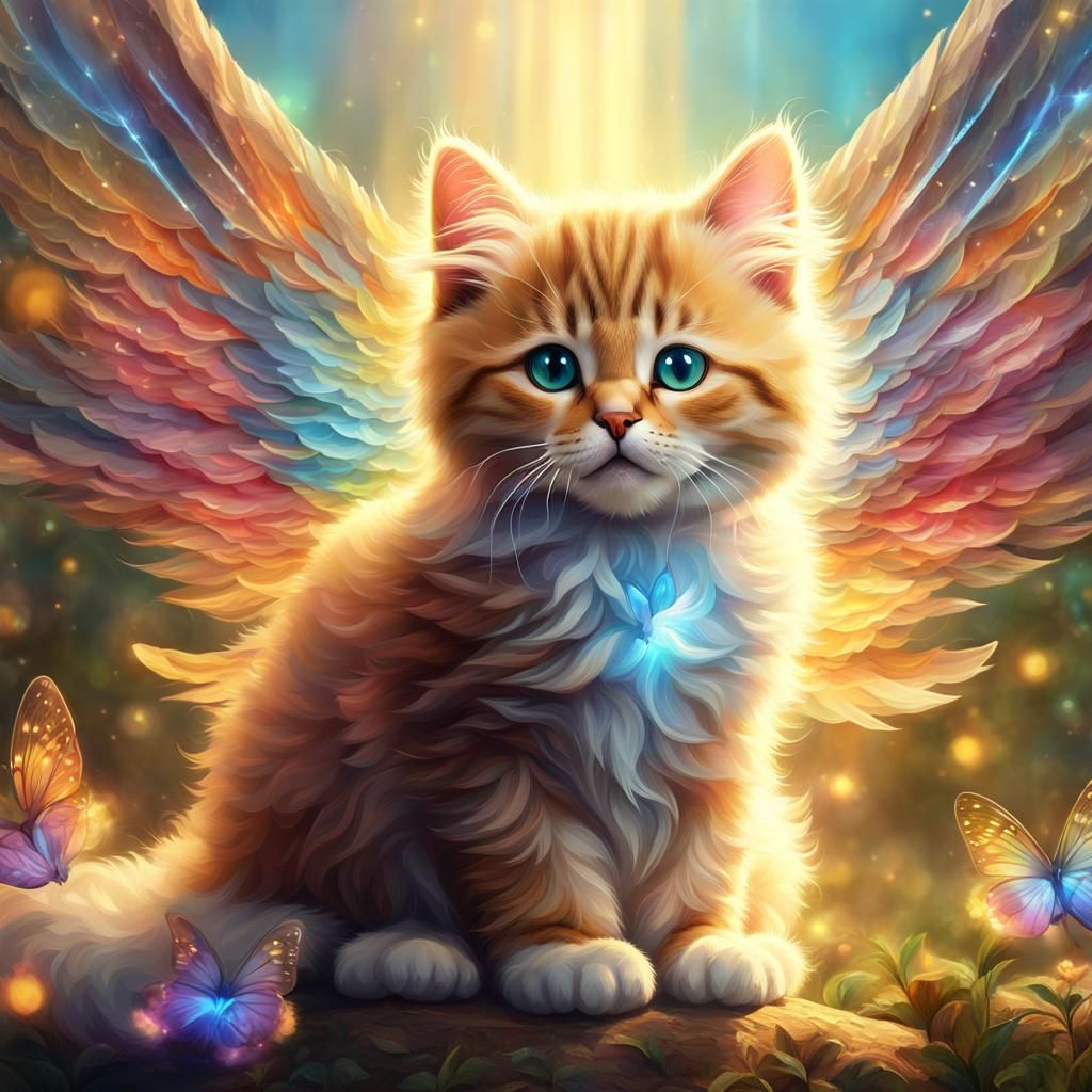 Cute Cat Angel with Six Wings in Sunshine