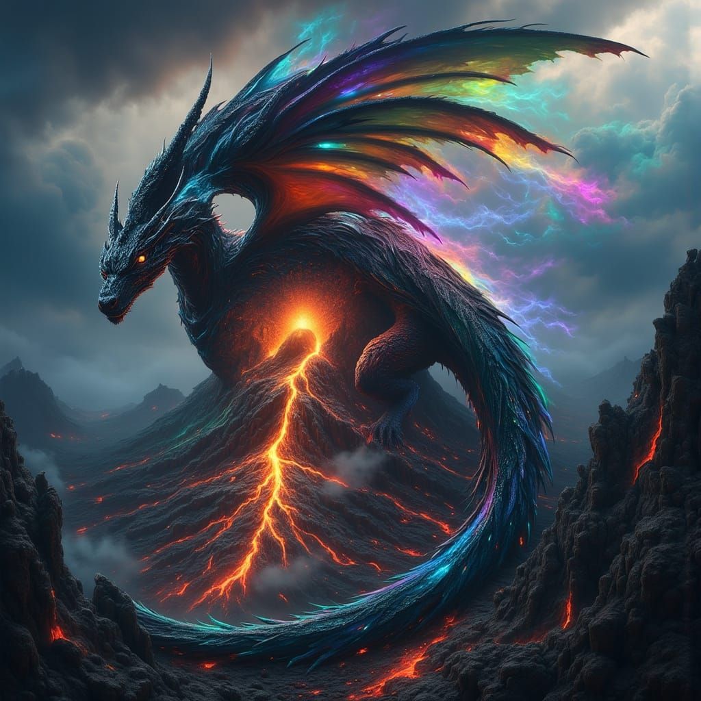 Dragon Emerges from Volcano in Mystical Realism