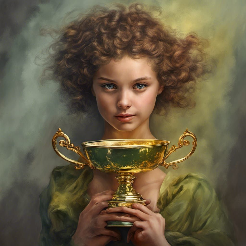 Realistic Portrait of Gold Trophy Against Green Hedge