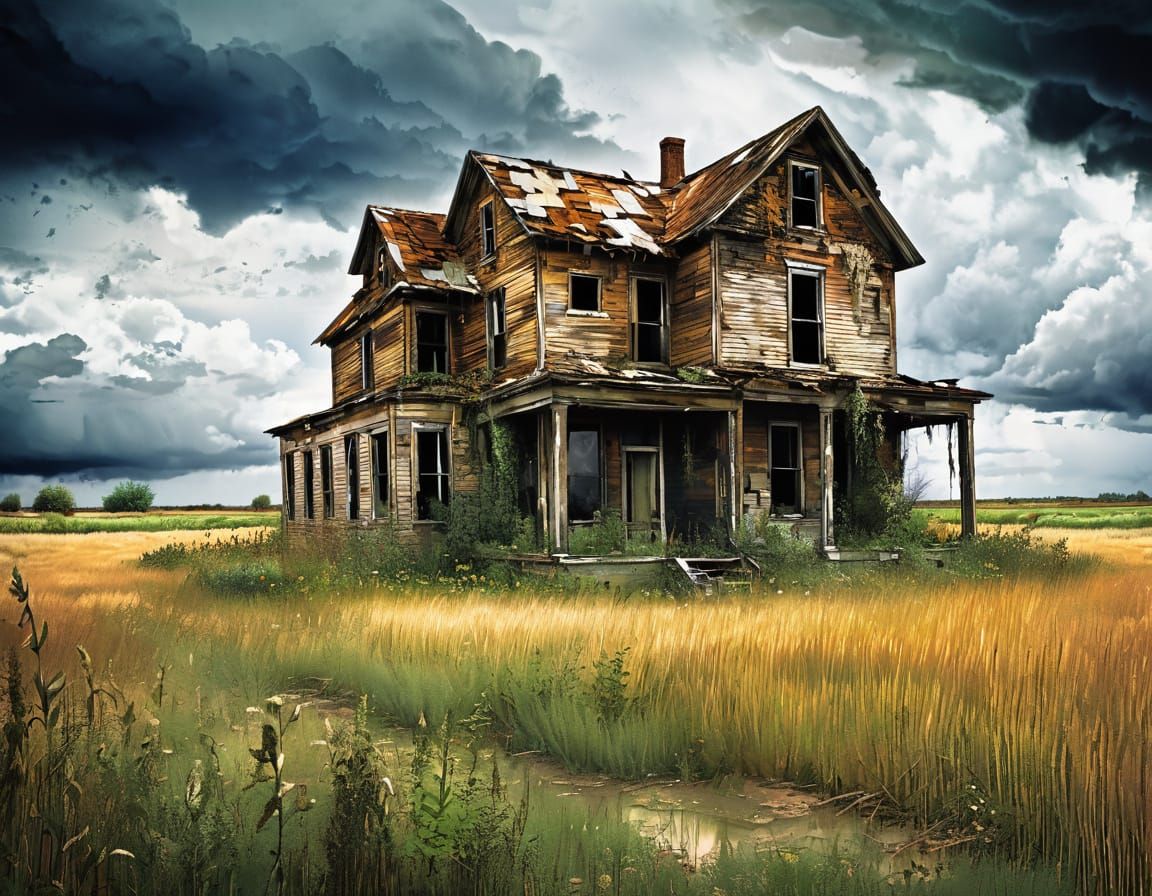 Rustic Abandoned House in Overgrown Field, Alcohol Ink