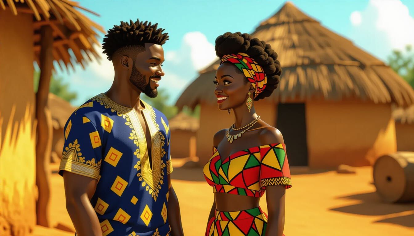 African Couple in Ankara Attire, Realistic Animated Style