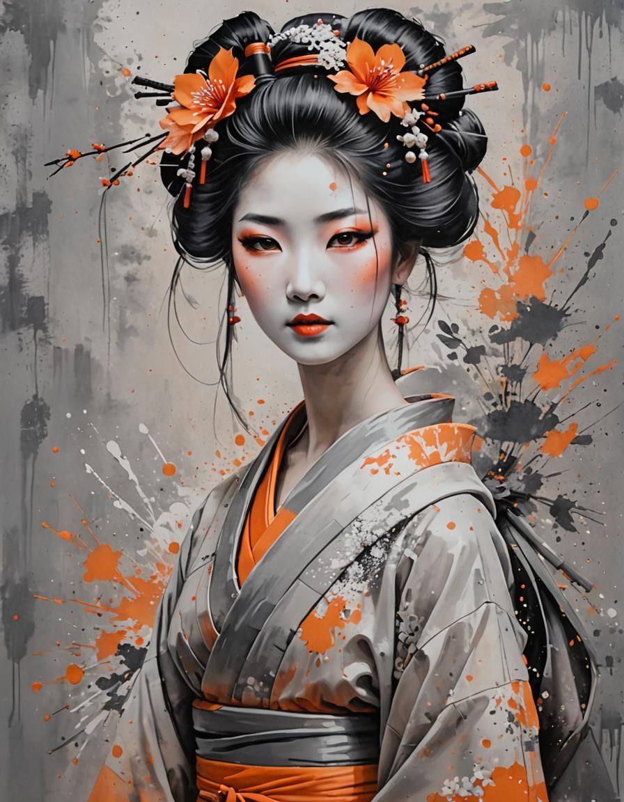 Geisha in Soft Pastels with Washed Splatter Effect