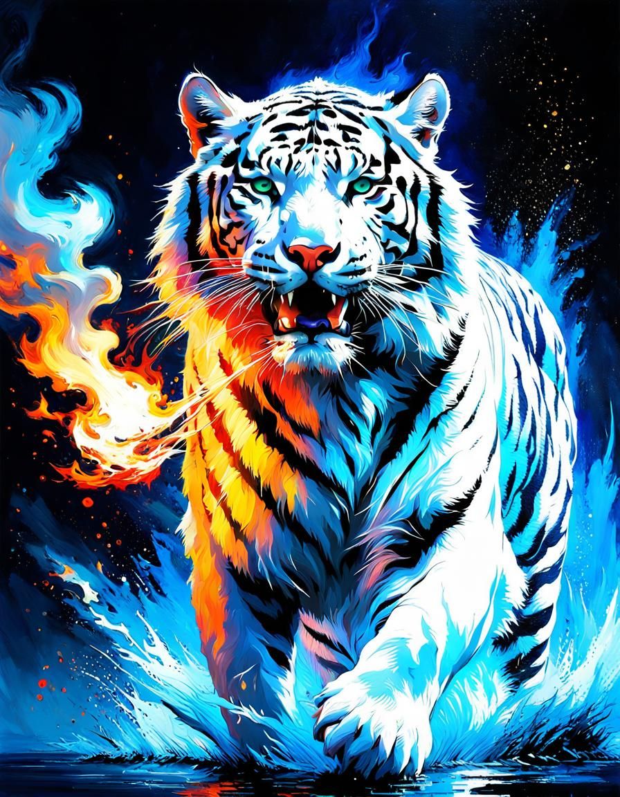 Fiery White Tiger on Water: Dramatic Oil Painting