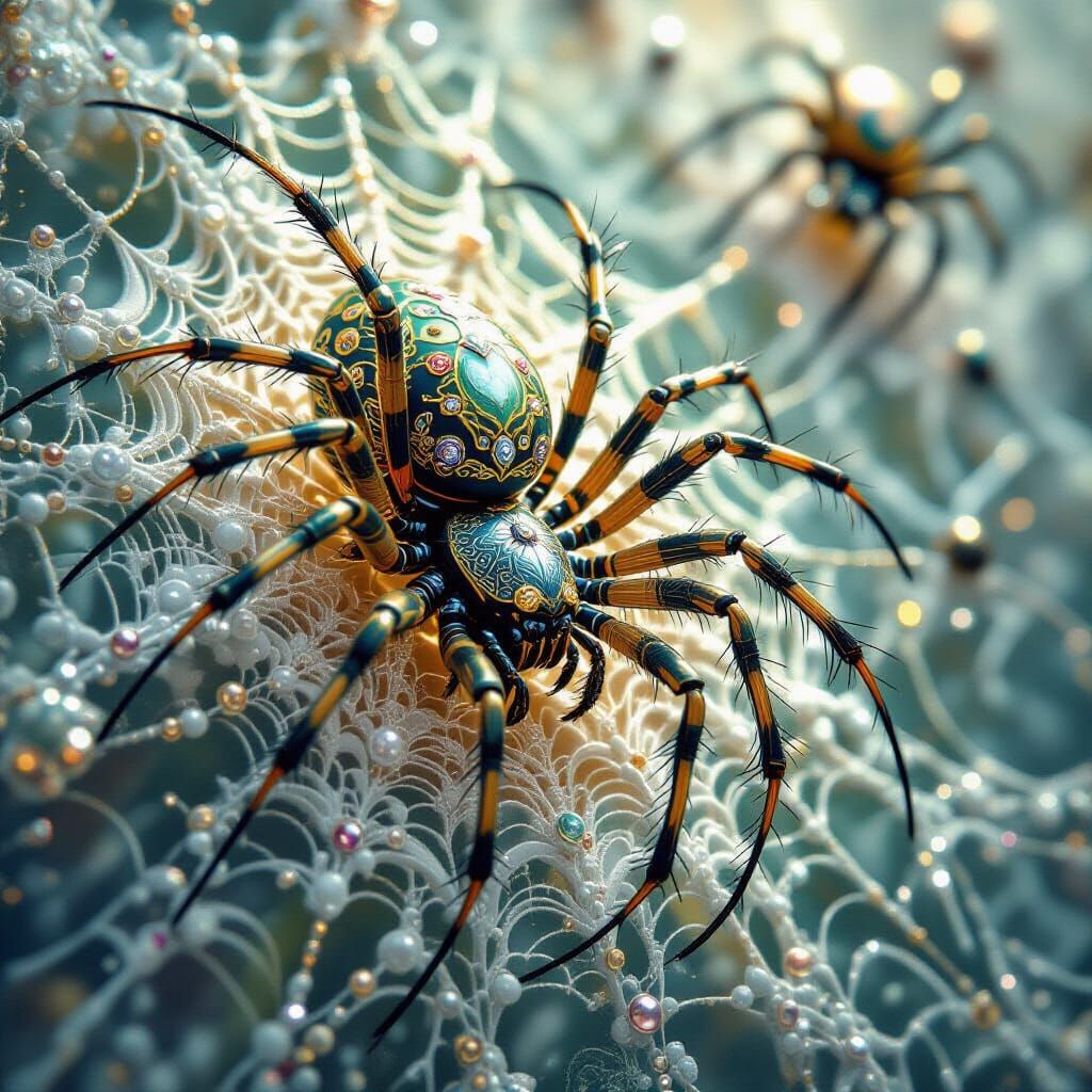 Intricate Spiders Weaving Bejeweled Webs with Spiral Pattern...