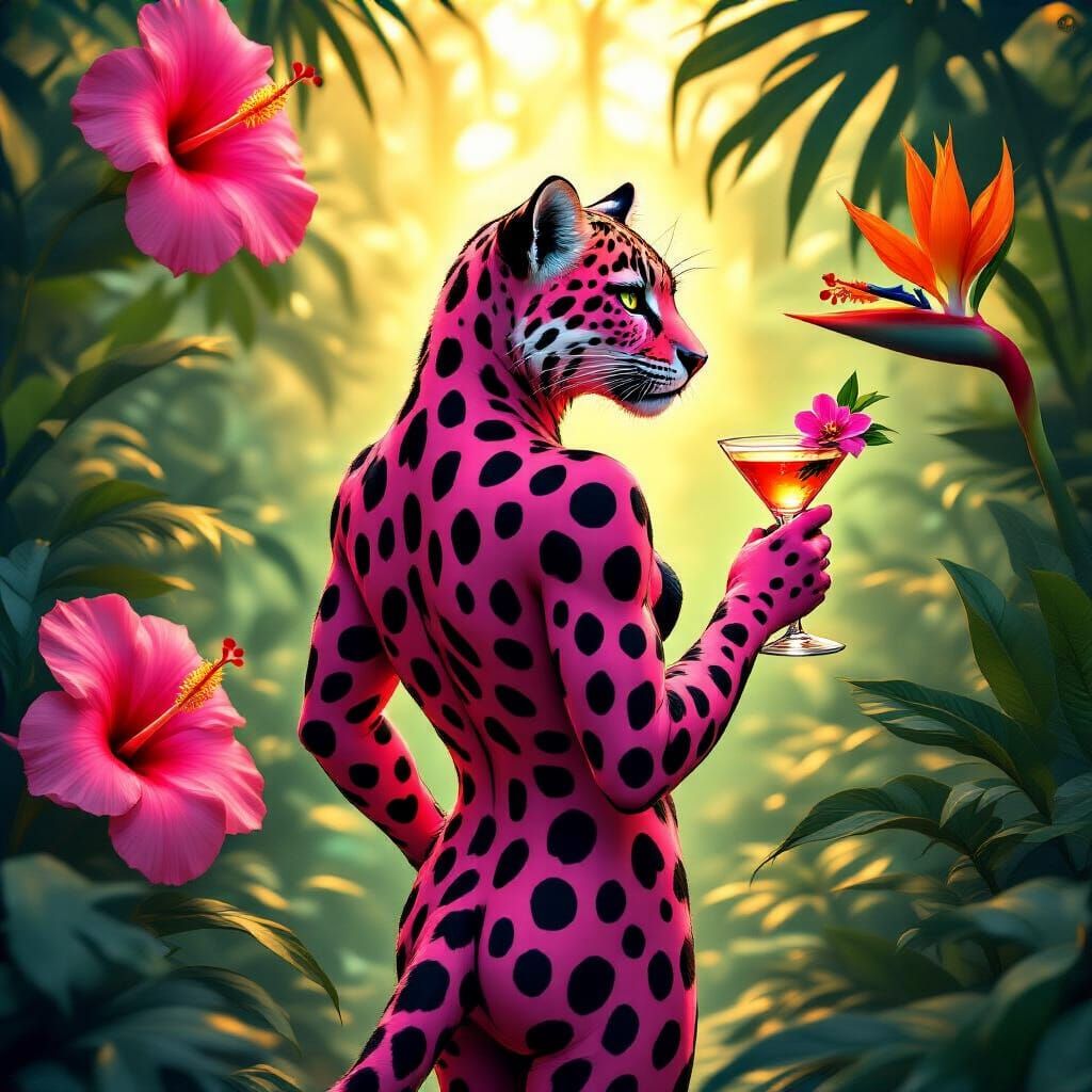 Leopard Humanoid with Martini in Dreamlike Setting