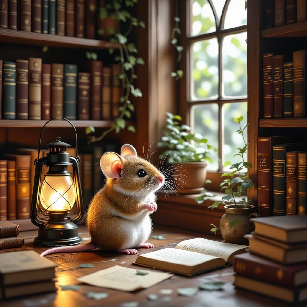Mouse in Library, Whimsical Illustration