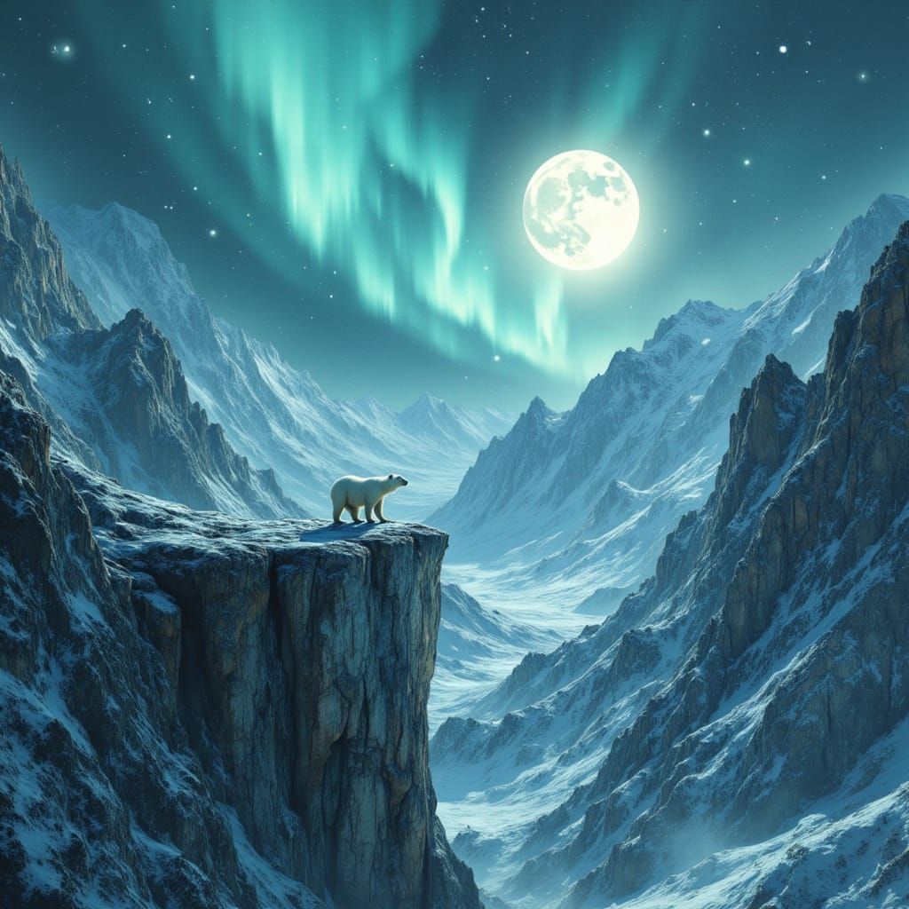 Polar Bear Navigates Arctic Mountains Under Aurora