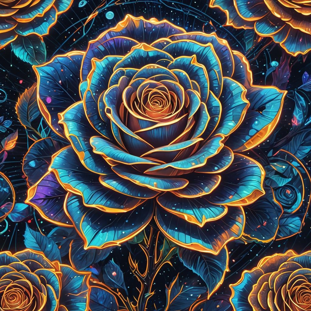 Blue Neon Rose in Astral Illustration Style