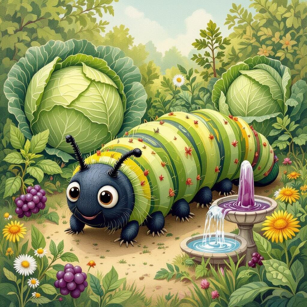 Caterpillar's Leaf Feast in Whimsical Garden Style