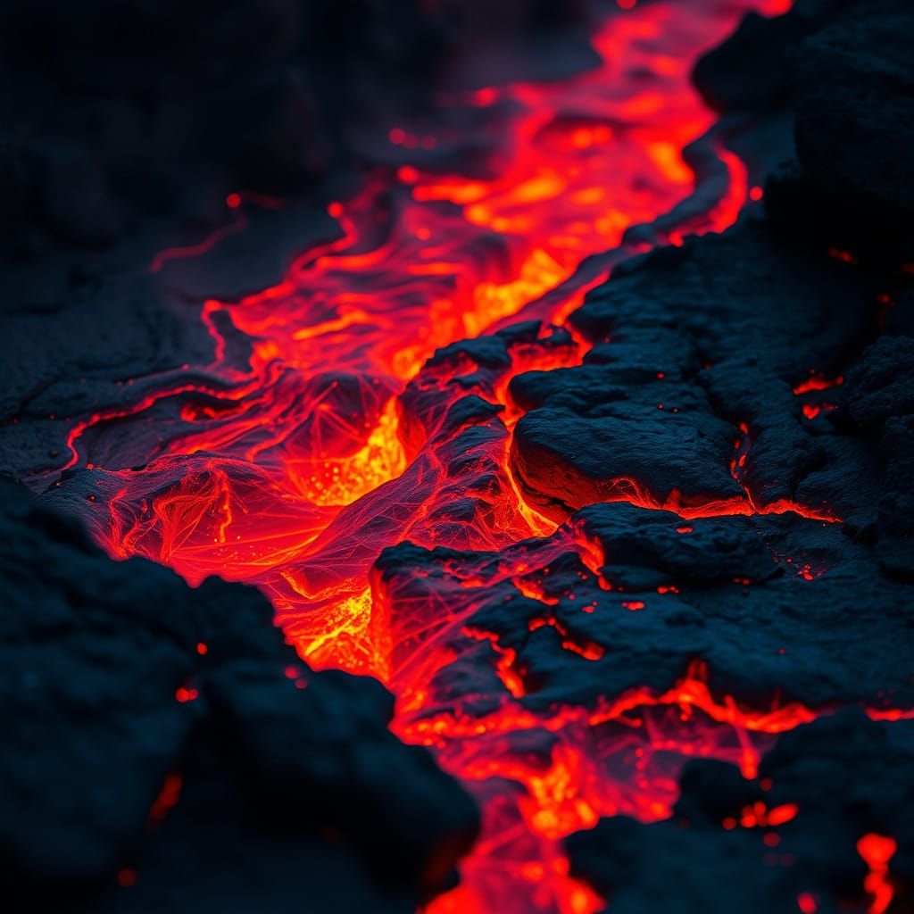 Red molten lava cooling into solid rock