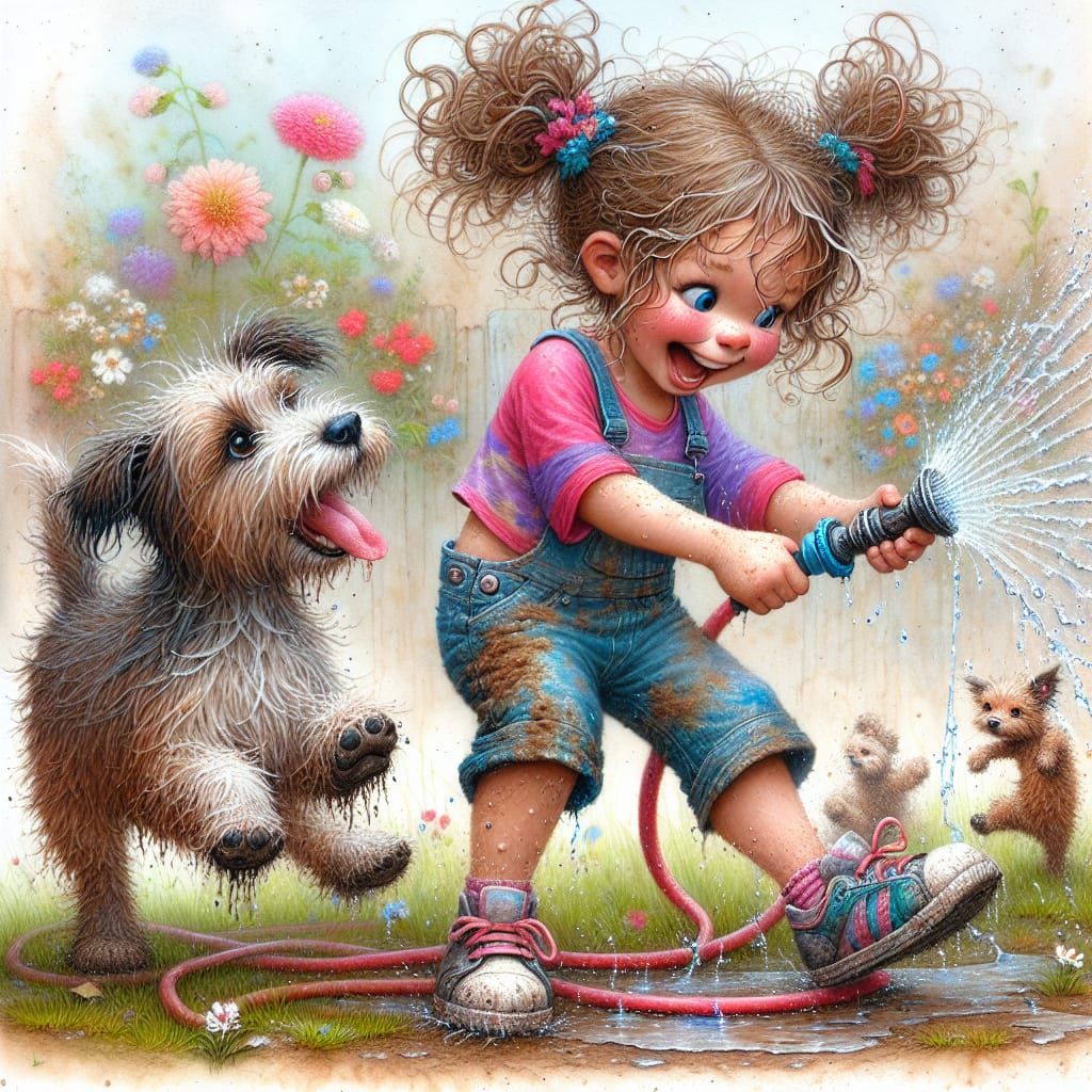 Whimsical Child and Dog in Joyful Muddy Play