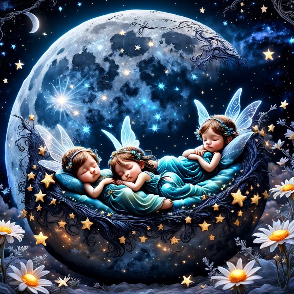 Fairies Sleeping on a Bioluminescent Moon in Galaxy