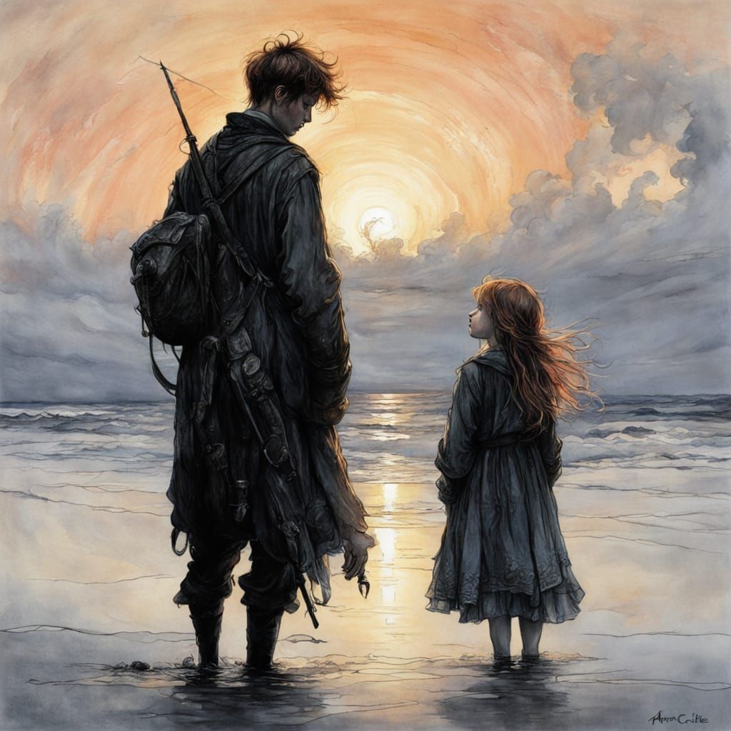 Brother and Sister at Sunset in Storybook Style