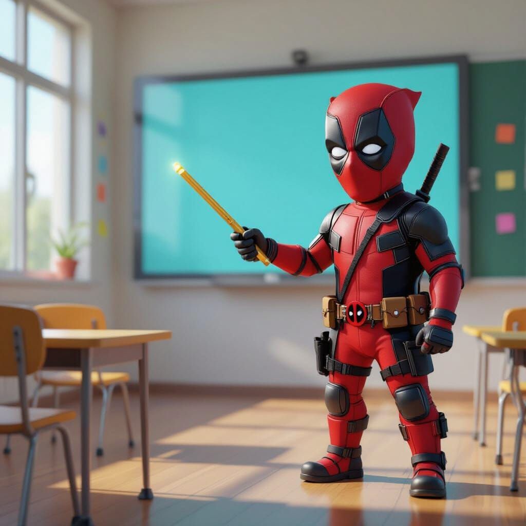 Childlike Deadpool in Classroom, Whimsical 8K Render