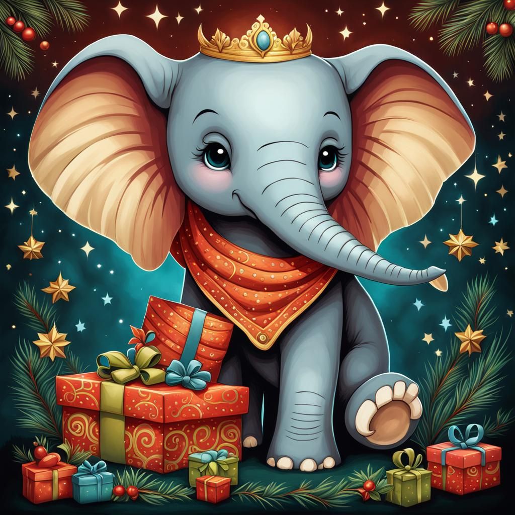 Happy Anthropomorphic Elephant Cub with Christmas Gifts