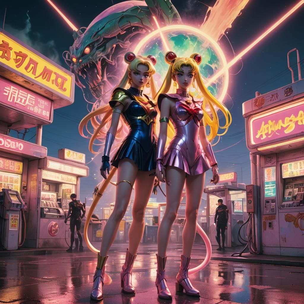 Sailor Moon at Alien Gas Station in Cyberpunk Style
