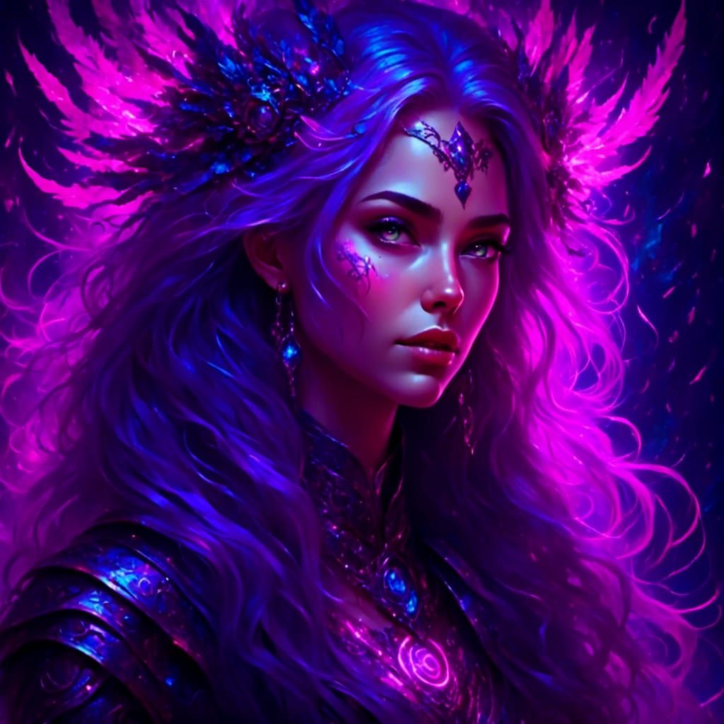 Woman with Colorful Eyes and Long Purple Hair
