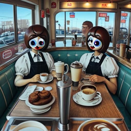 Surreal Mannequins Drink Eyeball Coffee: Fisheye Lens