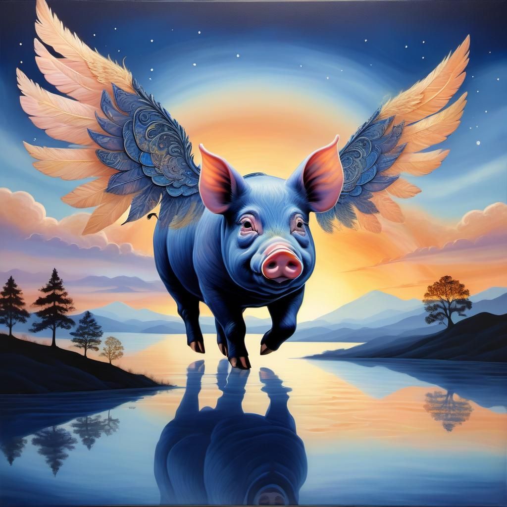 Whimsical Flying Pig Soaring Through Dreamy Sky
