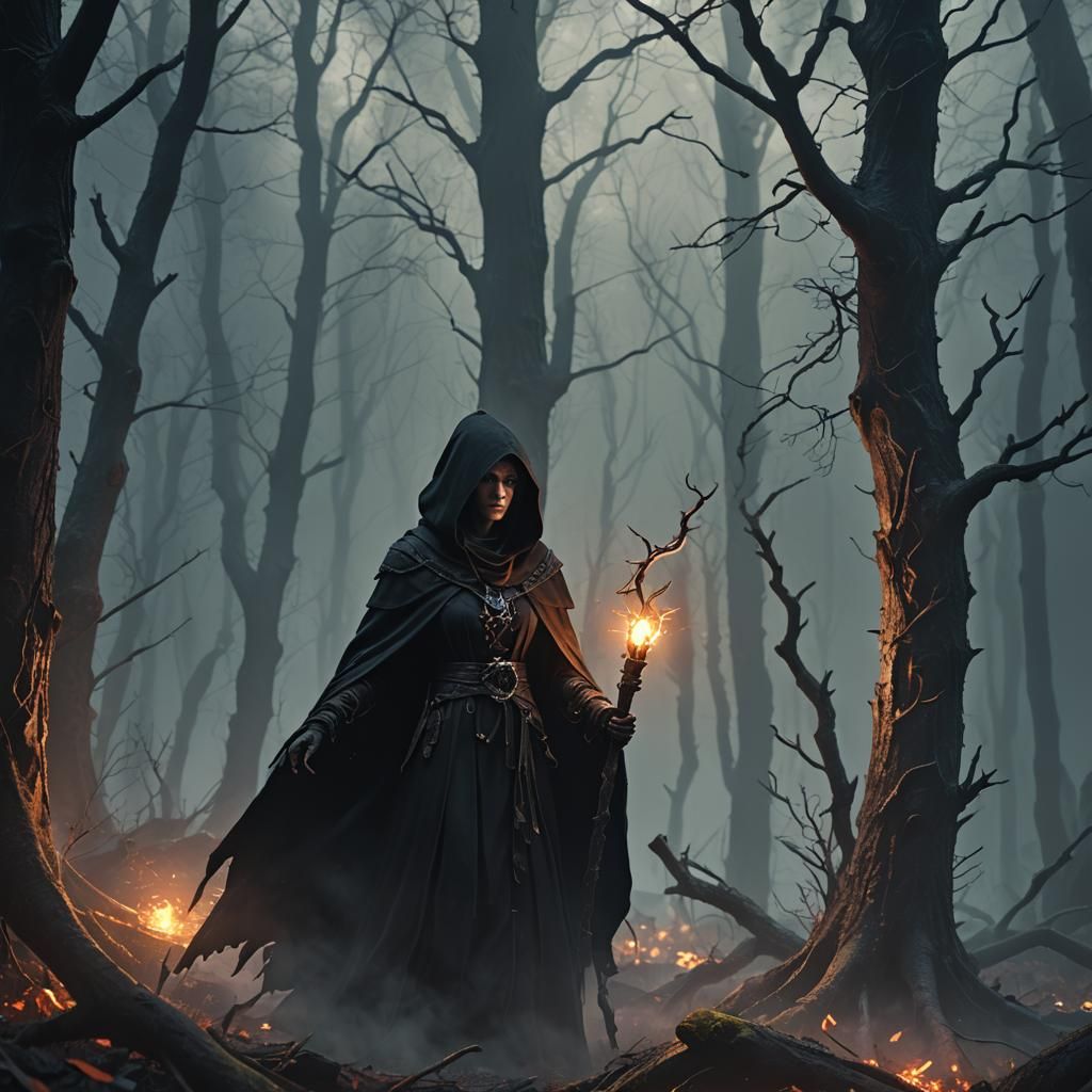 Eerie Death Witch in Misty Forest: 3D Cinematic Art