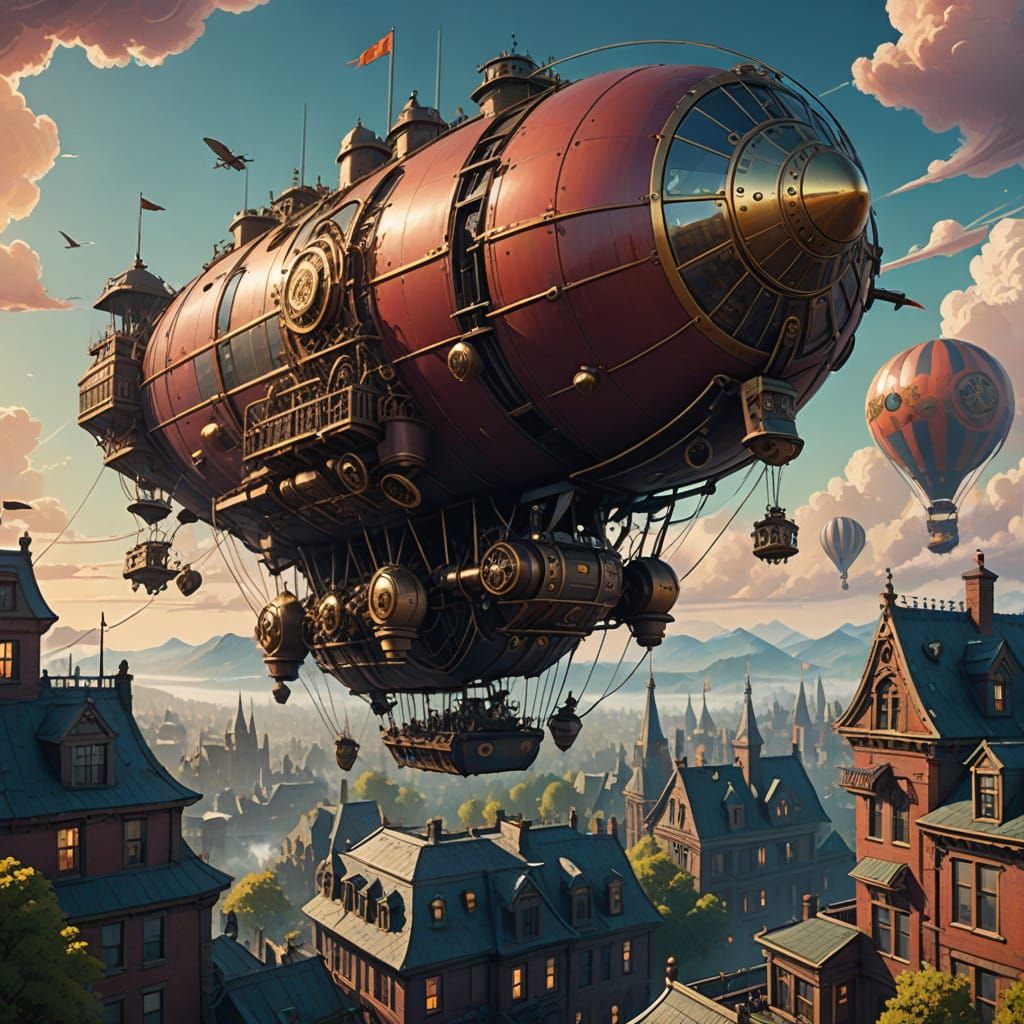 Majestic Steampunk Airship Soars Above Victorian Metropolis