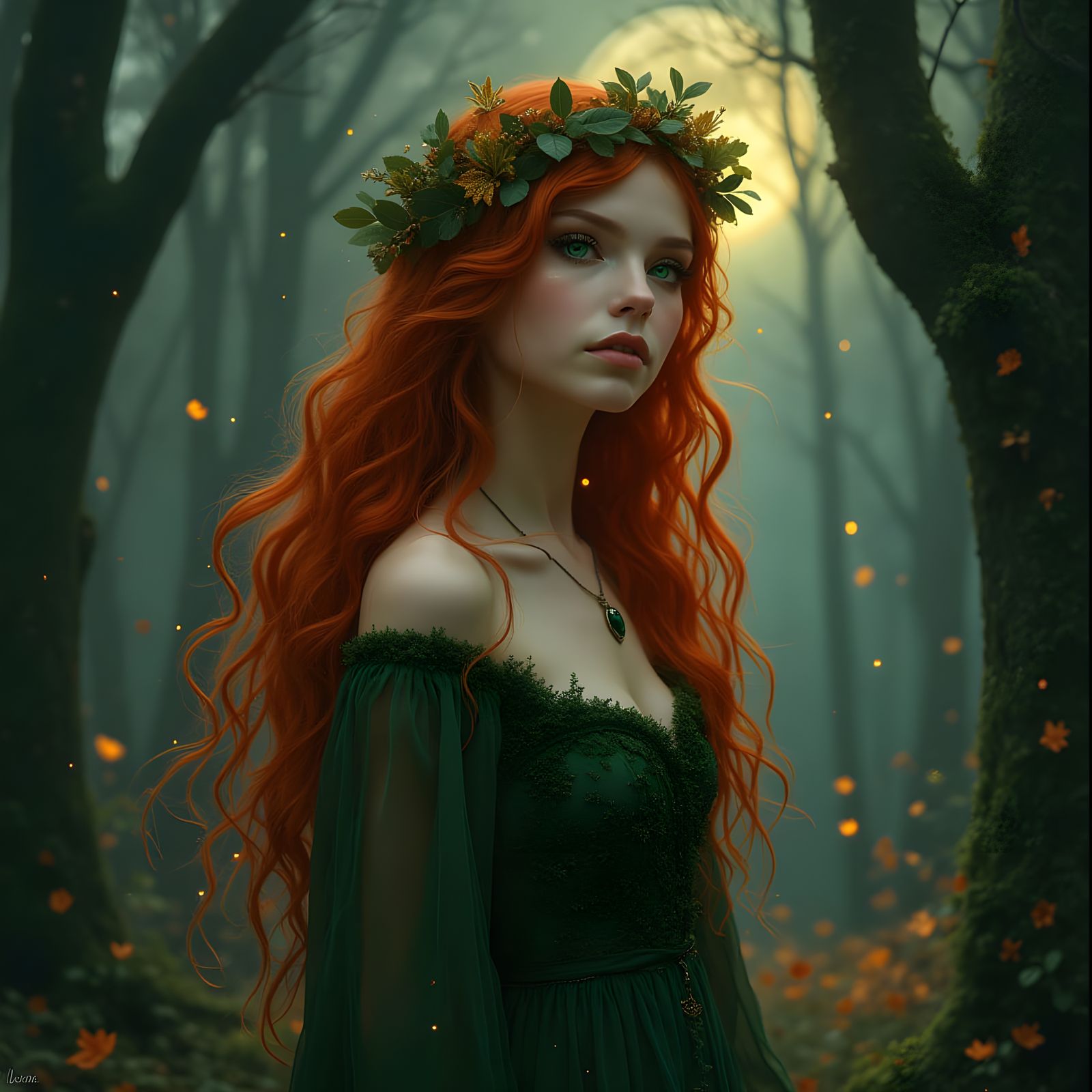 Ethereal Fire Witch in Moonlit Grove: Gothic Art