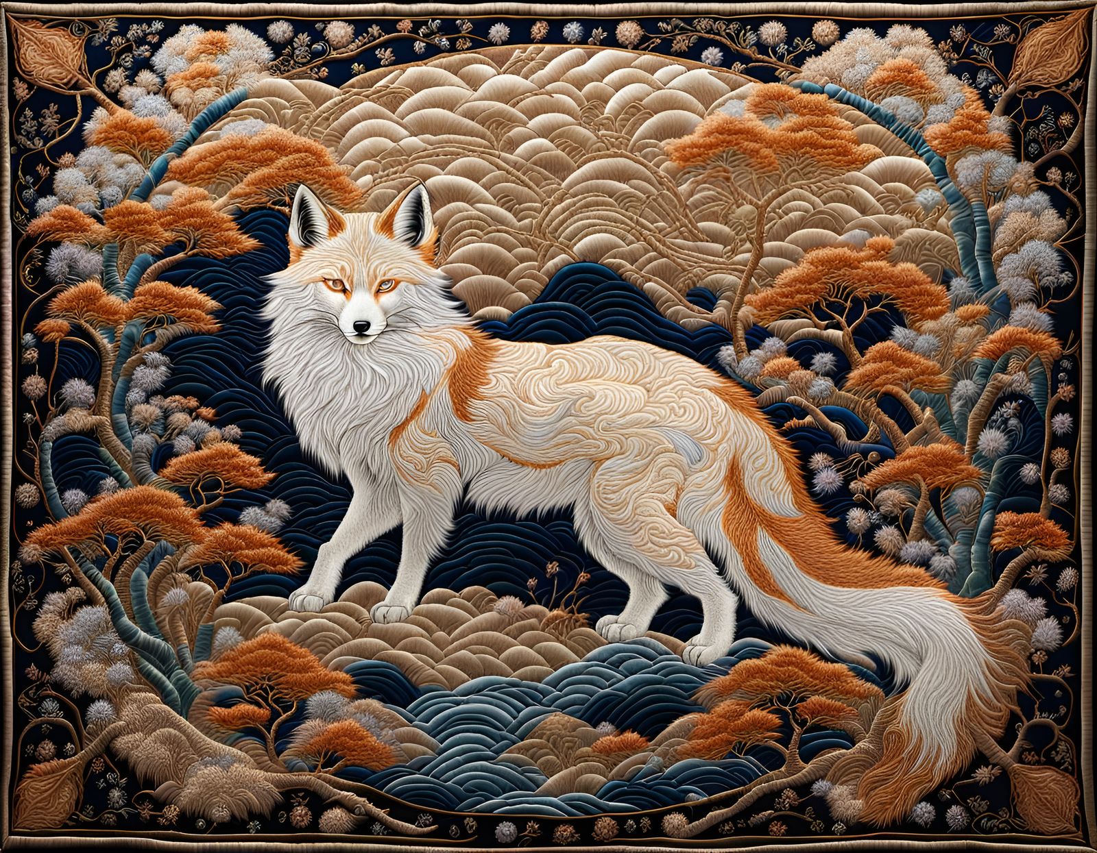 Opalescent Silk Tapestry of a Kitsune with Embroidery
