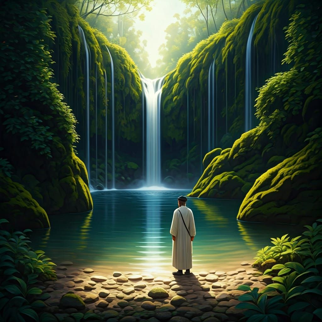 Haredi Figure by Turquoise Pool in Dreamlike Style