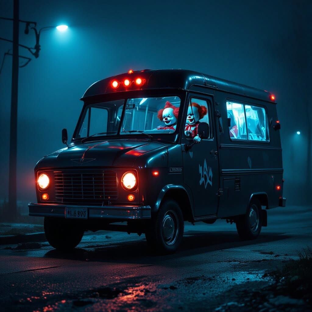 Menacing Chrome Ice Cream Van with Clown Doll