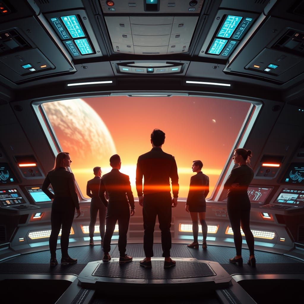 Star Trek Inspired Crew Gaze at Binary Sunset
