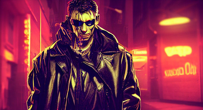 Cyberpunk Hooded Figure in Neon-Lit Post-Apocalyptic Landsca...