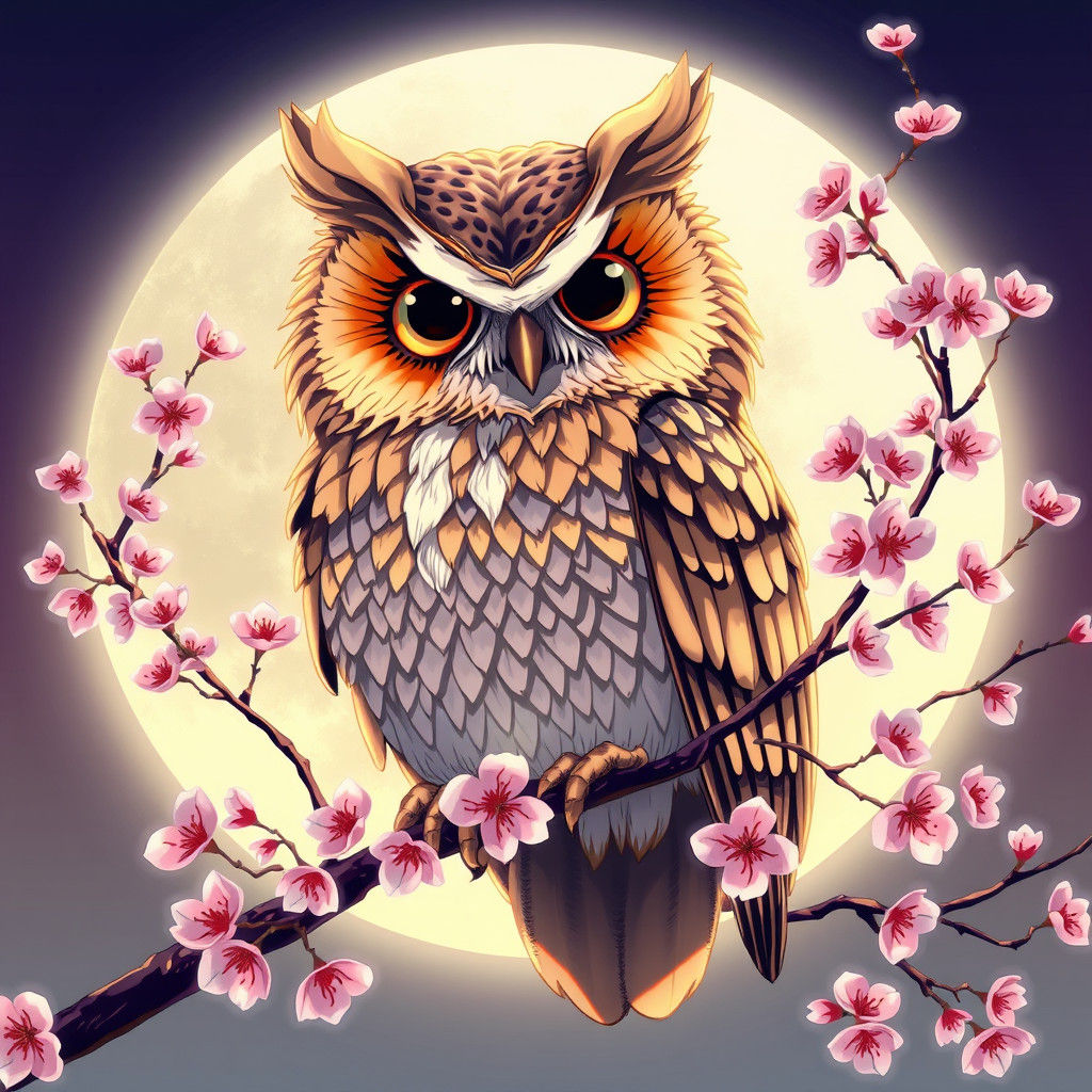 Anime Owl Perched on Blossoming Branch