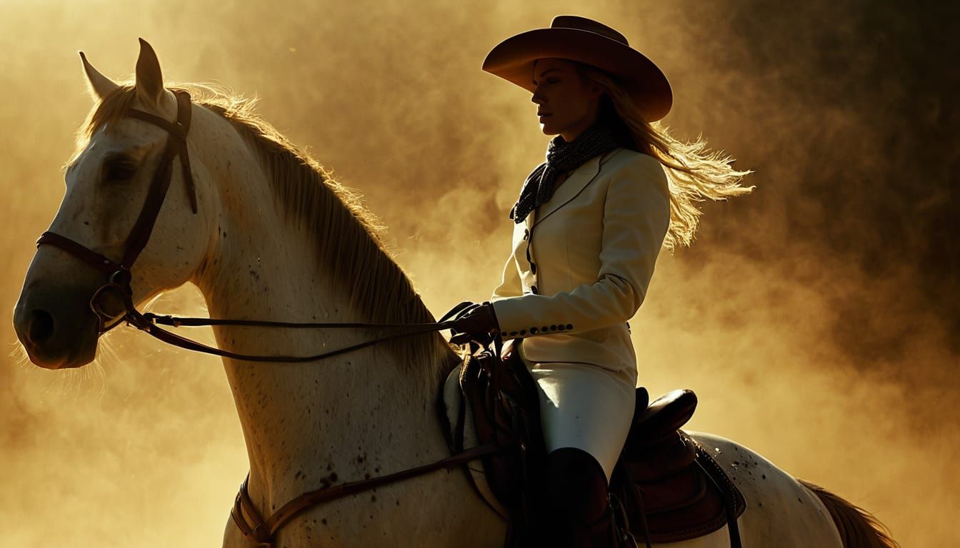 Cowgirl on Rearing Horse in Golden Light