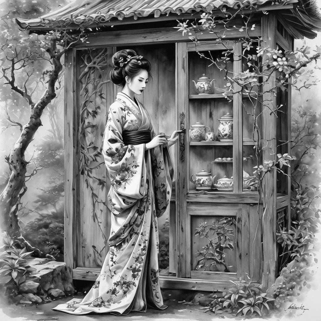 Geisha Tea Ceremony in Sumi-e Ink Painting