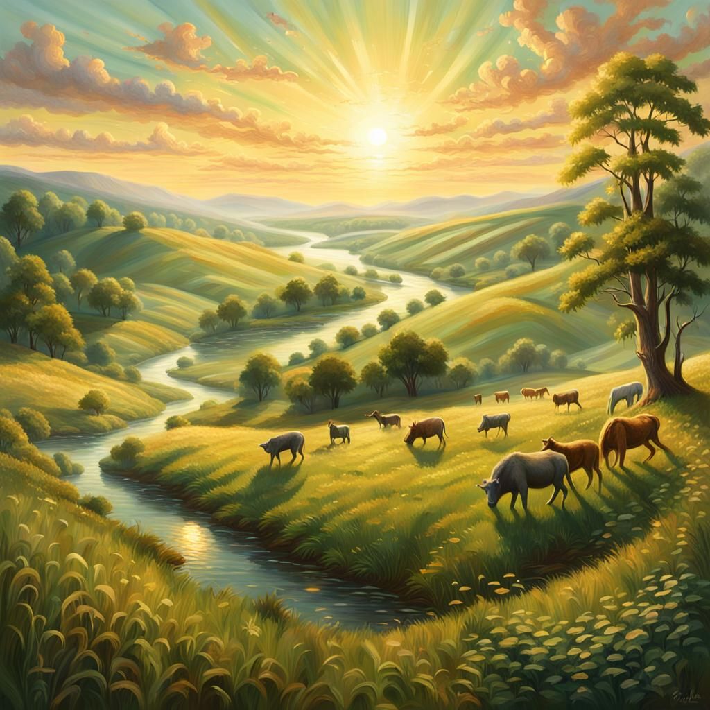 Majestic Sunrise Over Rolling Hills in Oil Painting