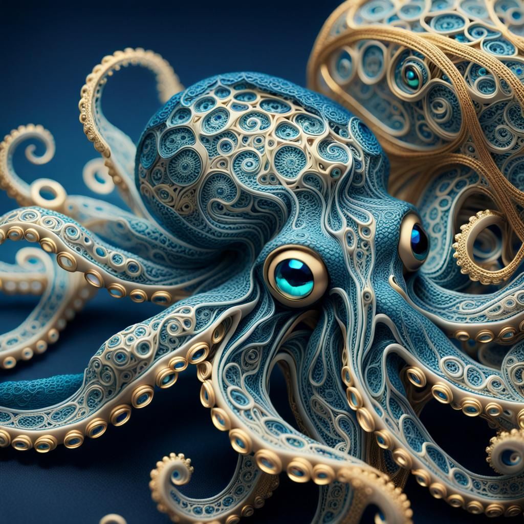 Golden Fractal Octopus in Surrealist Style