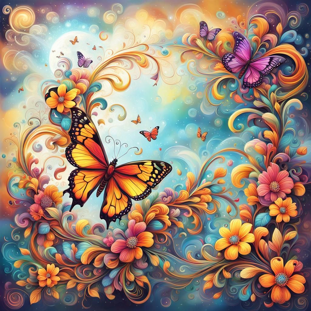 Ethereal Butterfly Oil Painting with Boho Flowers