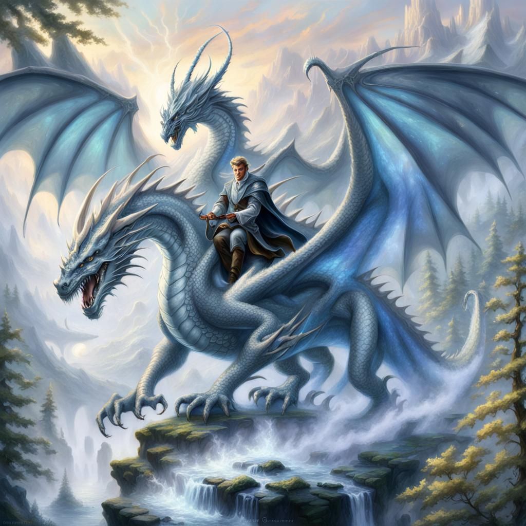 Elf on Silver Dragon in Ethereal Fantasy Style