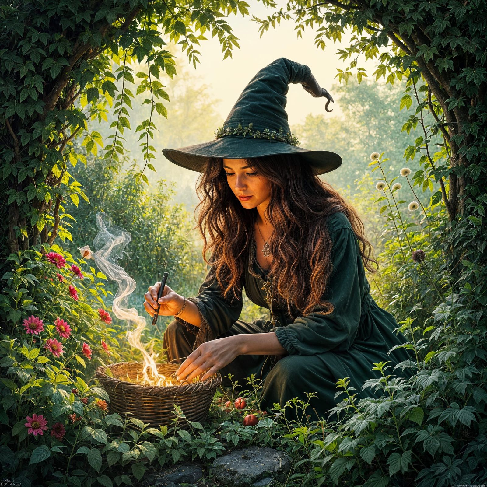 Hedge Witch Tending Mystical Garden