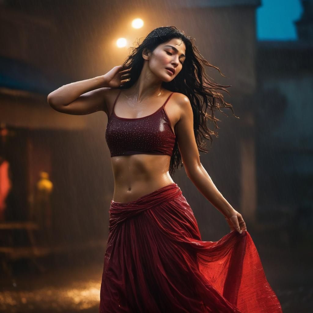 Woman in Red Dress Enjoying Rain