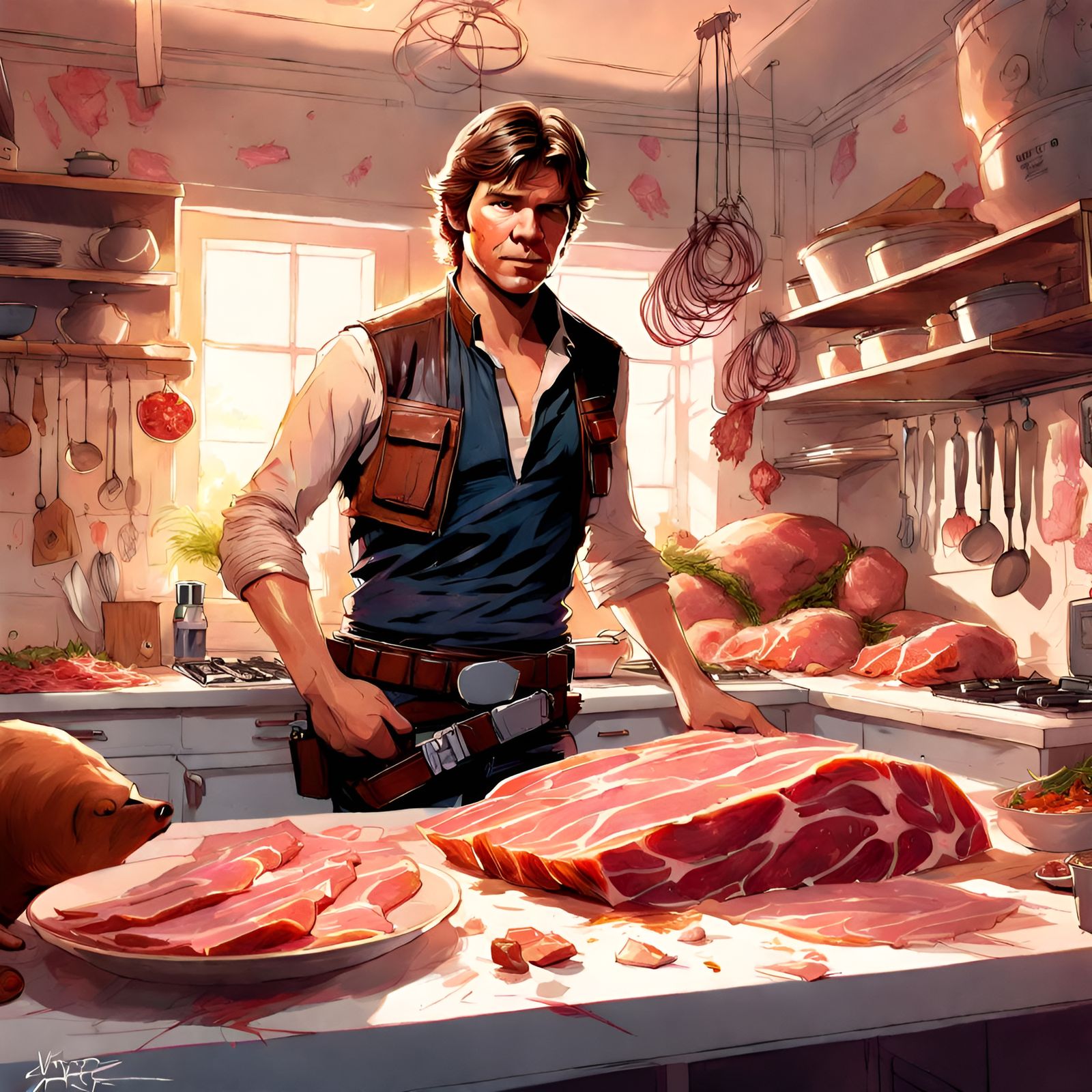 Han Solo Portrait with Ham, Detailed Digital Art