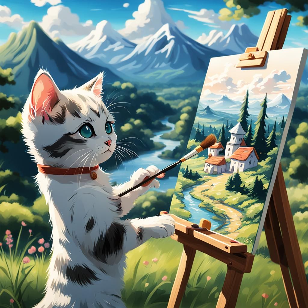 Kitten painting a landscape
