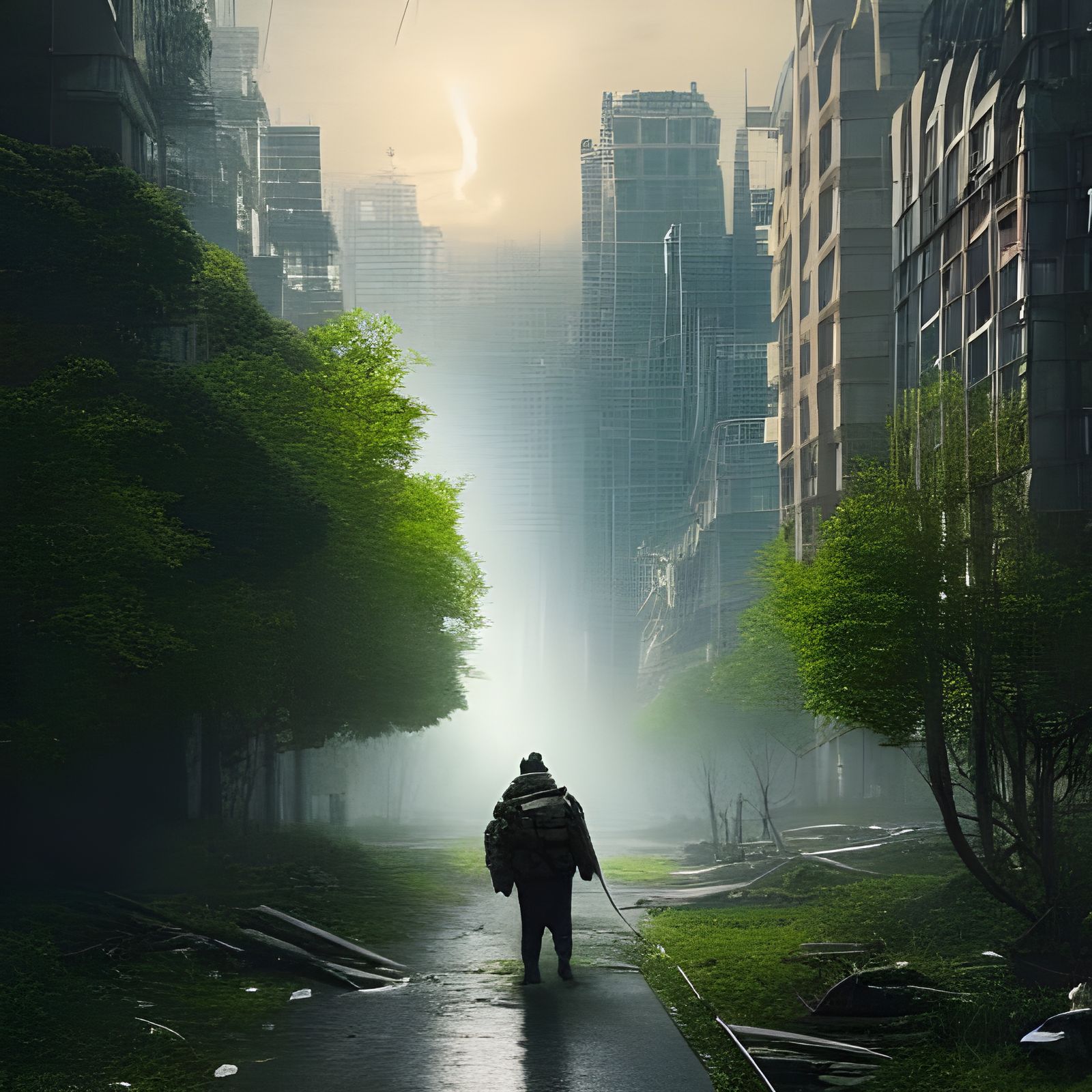 Post-Apocalyptic Survivor in Ruined City at Sunrise