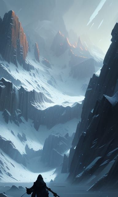 Snowy Mountains with Purple Sky: Dark Fantasy Art