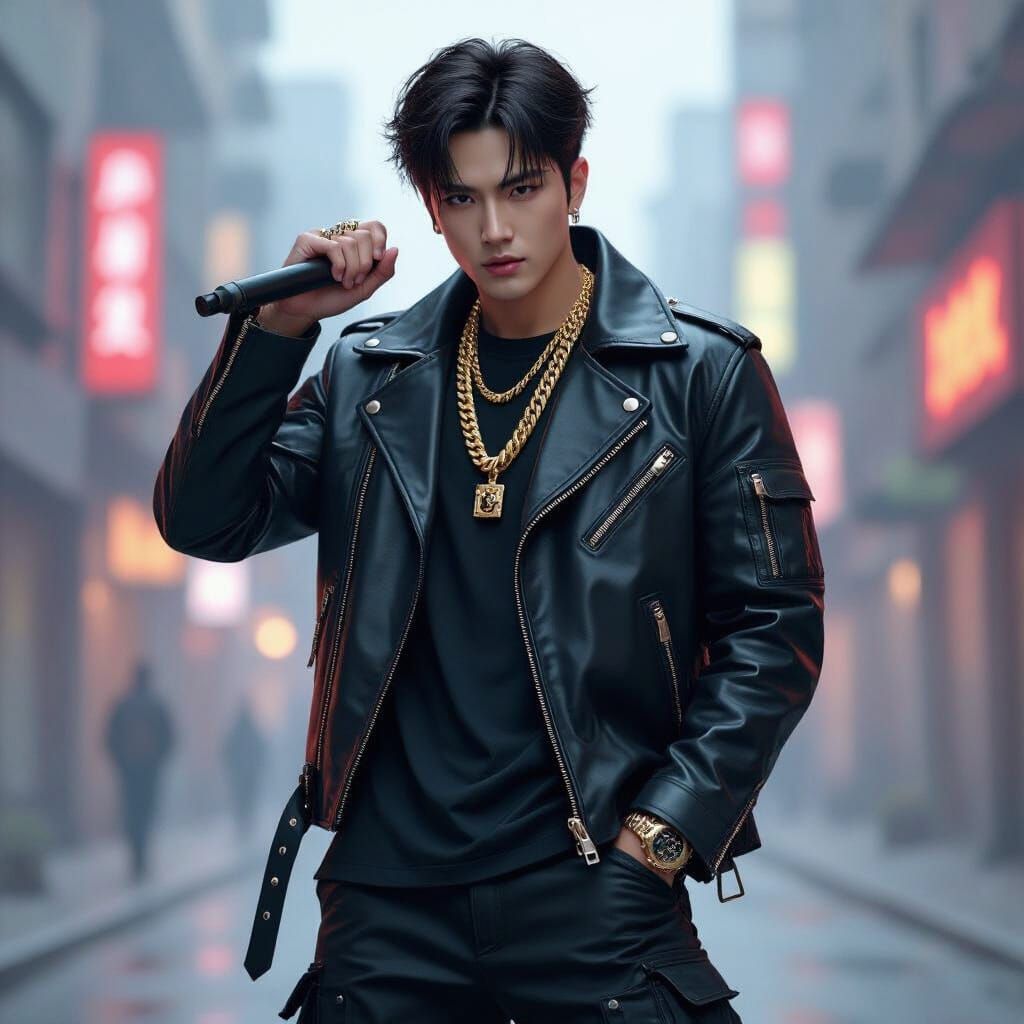 Powerful Kpop Rapper in Futuristic Digital Art Style