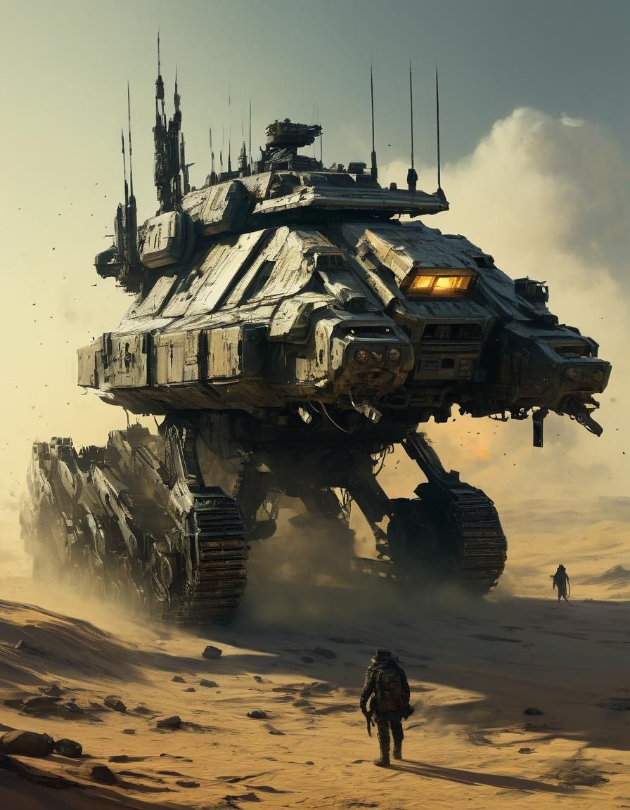 Futuristic Tank in Desert, Horror Art Style