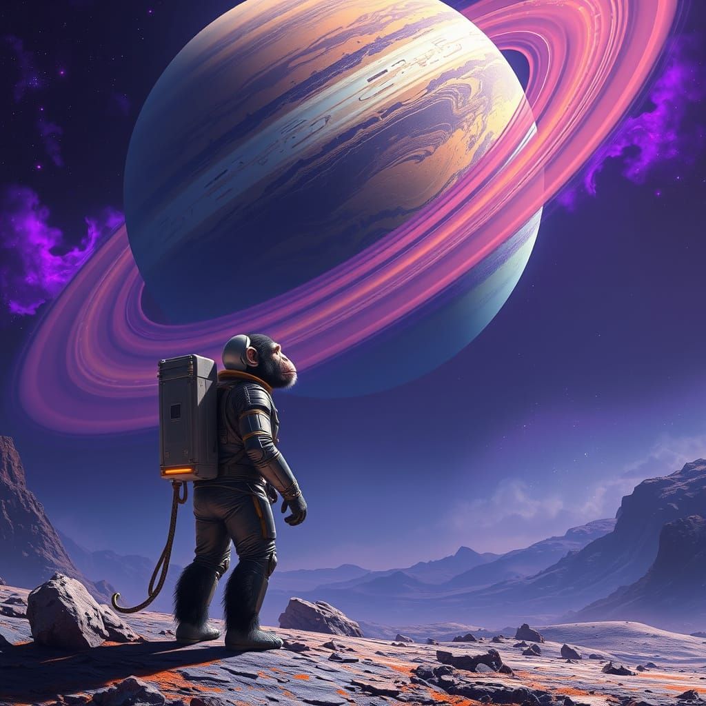 Chimpanzee Astronaut Gazing Up at a Ringed Gas Giant in a Fu...