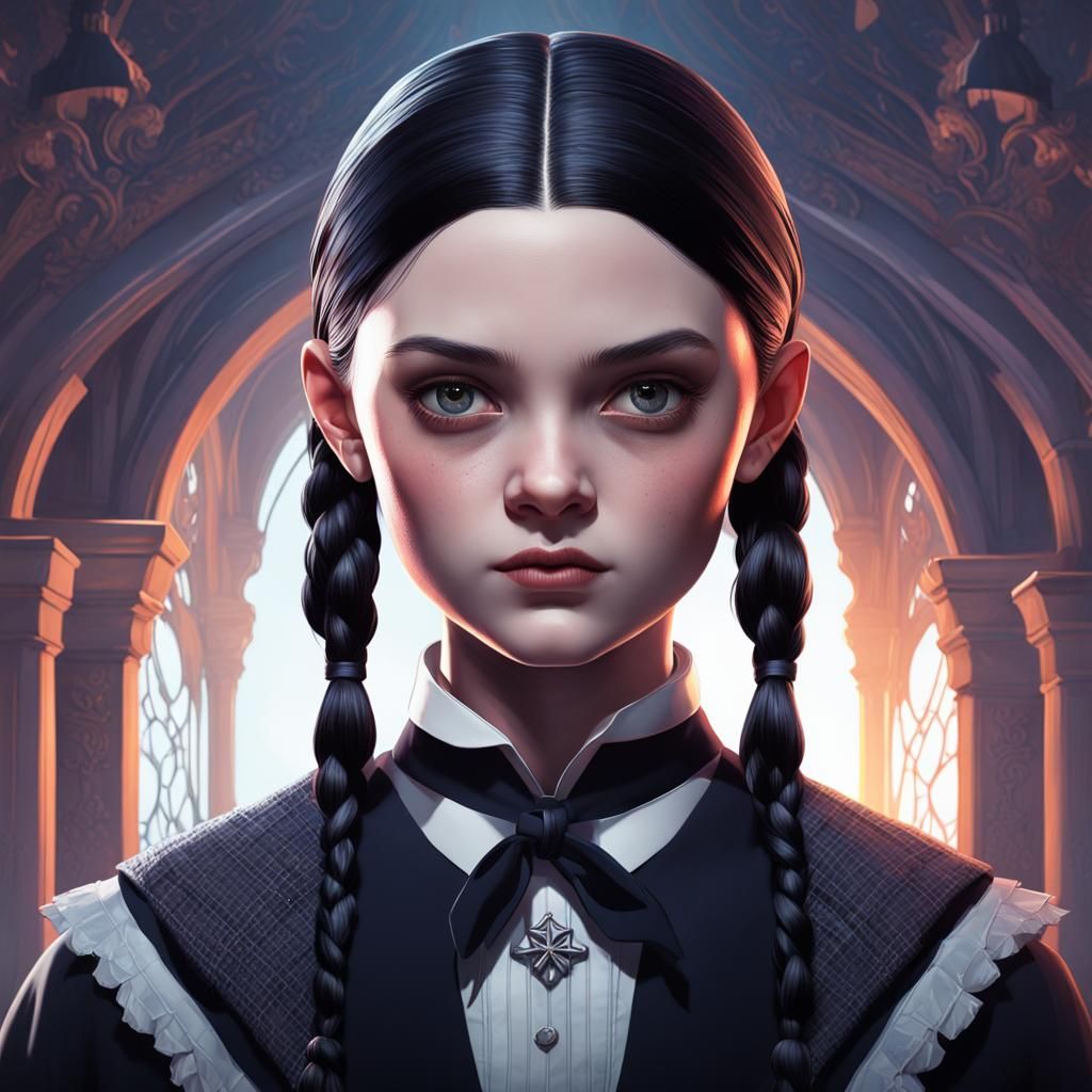 Wednesday Addams Portrait in Hyperdetailed Style